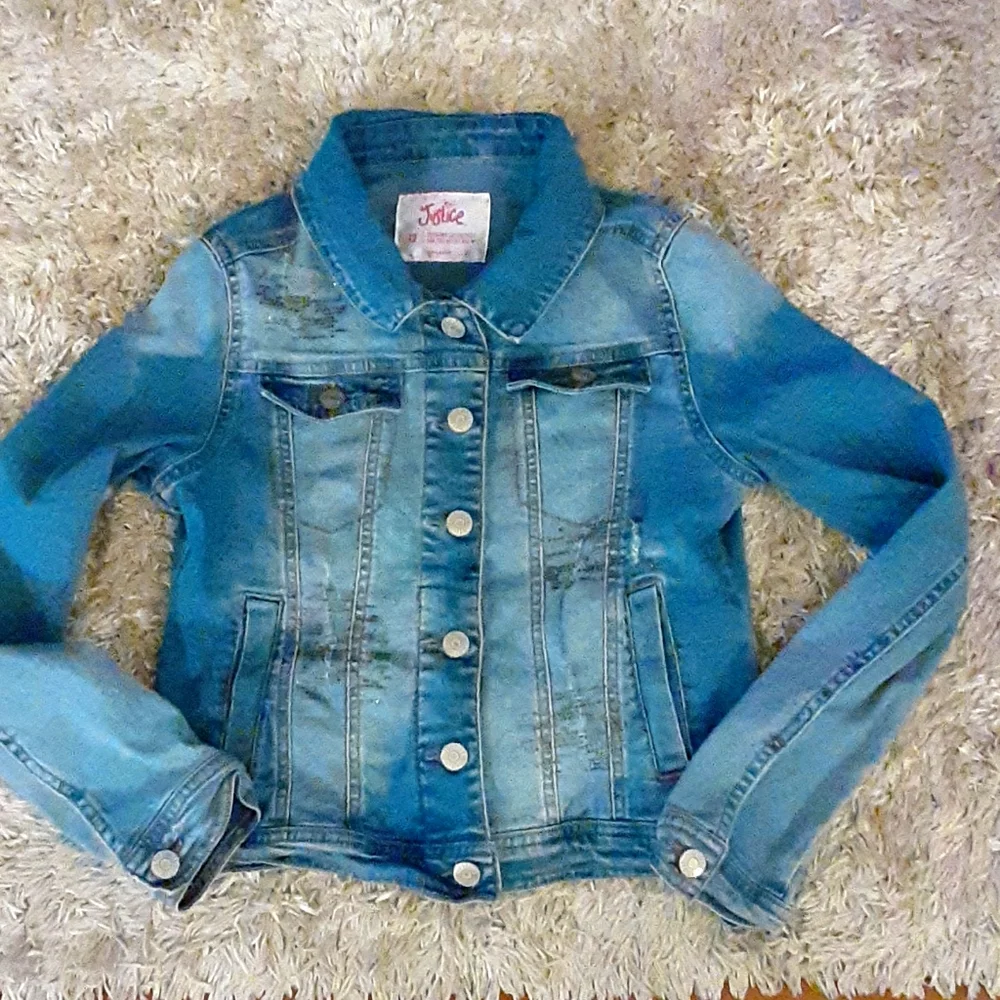 Justice embellished blue jeans denim jacket stretch 4 pockets size 12 EUC